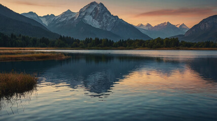 "Serene Lake Reflecting Majestic Mountain Peaks"