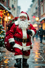 a santa carrying a bag of presents is walking down the street.