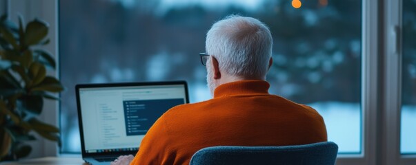 Senior man working on a laptop at home near a large window with snowy outdoor view. Cozy indoor setting.