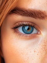Obraz premium A Close Up of a Woman's Freckled Face and Blue Eye - A captivating close-up showcasing a woman's radiant face, featuring striking blue eyes, delicate freckles, and naturally defined brows. Symbolizin