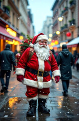 a santa carrying a bag of presents is walking down the street.
