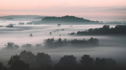 Obraz premium A foggy morning with silhouettes of distant hills barely visible through the mist