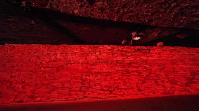The camera rotates around a wall made of concrete blocks with exposed aggregate, red lighting enhances the industrial feel