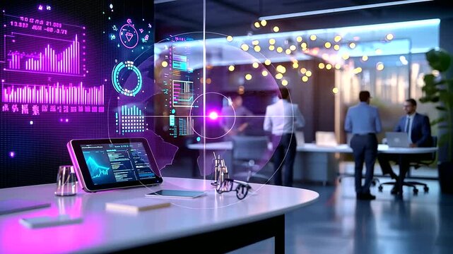 Team collaboration in co-working space with financial dashboard, illustrating business teamwork, data-driven decision making, corporate productivity, modern workspace and strategic planning.