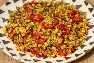 Homemade stir-fried sprouted mung bean with red pepper and scallions on a plate. 
