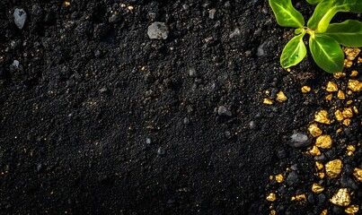 Naklejka premium Gold nuggets in dark volcanic soil with green leaves.