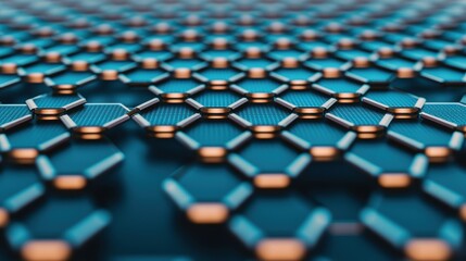 Fototapeta premium Abstract close-up of a hexagonal network grid with metallic and illuminated details on a blue background