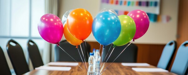 A conference room decorated with balloons and banners, perfect for hosting a work anniversary celebration or team achievement event.