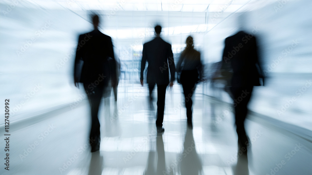 Poster businesspeople are walking in blur in a modern office corridor, creating a sense of urgency and spee