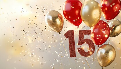 A creative birthday card cover with the number 15 in red and gold, accented with balloons and sparkles to celebrate the occasion.