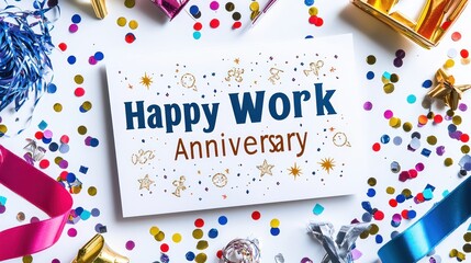 A festive "Happy Work Anniversary" card surrounded by party confetti and colorful ribbons, capturing the celebratory spirit