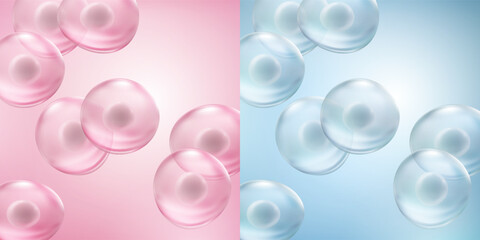 Cell stem science background. Vector medical microscopic molecular conception banner. Biology 3d research dna nucleus particles pattern