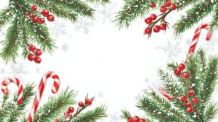 Festive border with pine, berries, and candy canes