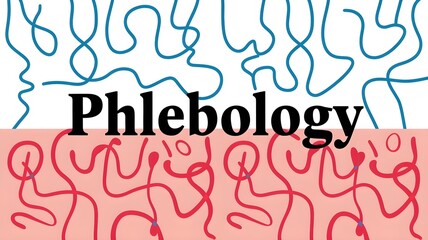 an abstract and colorful graphic design around the word "Phlebology". The background is composed of fluid shapes in pink and white, evoking organic elements.