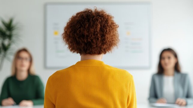 Back view of a woman with curly hair wearing a yellow sweater during a job interview in a modern office