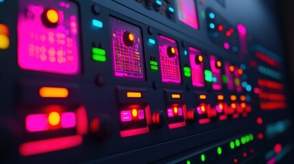 Obraz premium Neon control panel with glowing buttons and futuristic interface in a dark environment. Technology and sci-fi concept