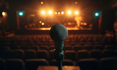 A dramatic shot of a microphone on stage with soft, ambient lighting