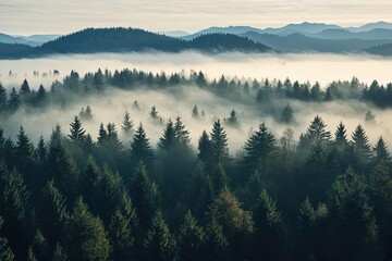 A panoramic view of the dense forest, with mist rising from its trees and hills in the background.