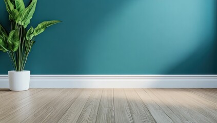 Interior design with teal wall, white baseboard, and light wood floor for modern spaces