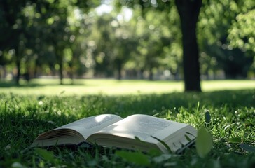 An open book lies on the grass in an outdoor park, with trees and greenery visible in the blurred background.