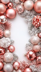 Rose gold and white Christmas ornaments arranged in a festive vertical composition, perfect for a holiday phone background