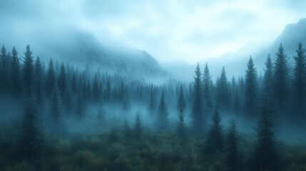 Ethereal foggy forest background with blurred trees, offering plenty of copy space for creative designs.
