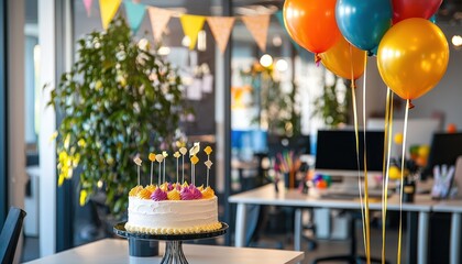 A modern office decorated with balloons, a cake, and congratulatory banners, celebrating an employee's work anniversary with joy and cheer.