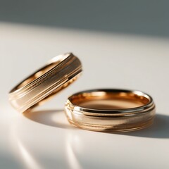 Two intricately detailed golden wedding rings, beautifully crafted with subtle textures and delicate engravings, cut out and presented against a clean, crisp white background, with a shallow depth of 