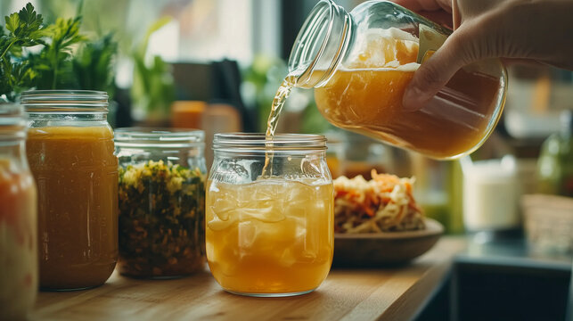 Assorted fermented foods including kimchi, sauerkraut, and kombucha in glass jars

