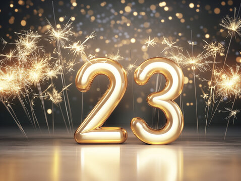 23 Year Anniversary golden 20 with sparklers in a golden glow