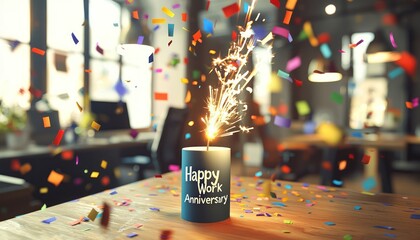 A party popper going off in an office, releasing confetti and celebratory streamers, with a "Happy Work Anniversary" message in focus