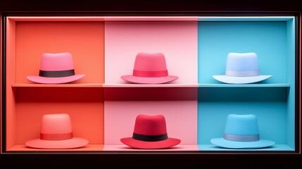Colorful Hats Display Fashion Accessories Shop Window Retail Stylish Headwear Millinery Spring