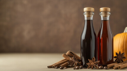 Flavored syrups, like maple and pumpkin spice, add autumn flair to coffees and teas. Concept of flavored syrups