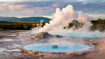 A geothermal area filled with steaming vents and bubbling mud pools