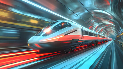 Blurred motion of a train racing through a brightly lit tunnel in a futuristic urban setting illustrating speed and momentum. Momentum. Illustration