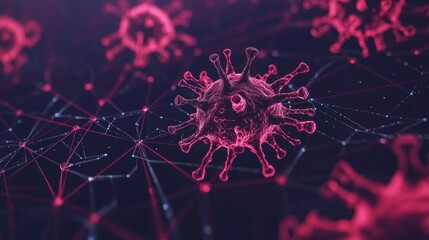 Digital illustration of virus particles with glowing pink structures and network connections on a dark background.