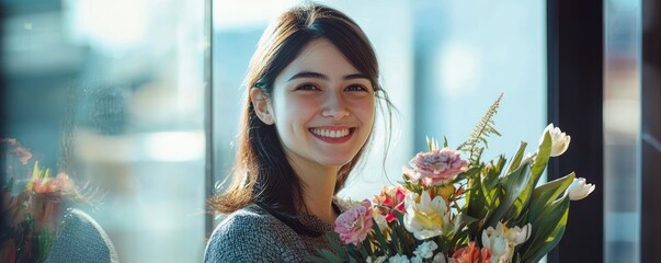 A smiling employee stands by a large office window, holding flowers and radiating happiness as they celebrate their work anniversary.
