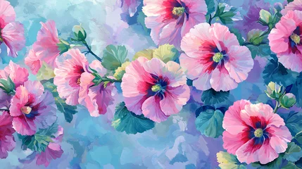 Fototapeten A painting of pink flowers with a blue background © mengbing