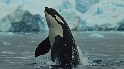 Fototapeta premium Orca breaching in icy Antarctic waters.