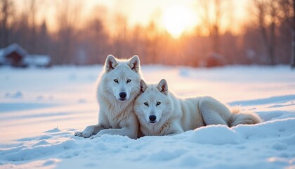 Two white wolves lying together in the snow during sunset