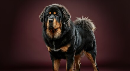 Majestic tibetan mastiff standing against a deep burgundy background