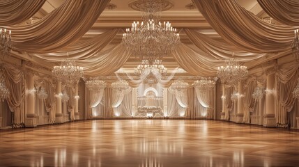 Grand ballroom, opulent drapes, crystal chandeliers.