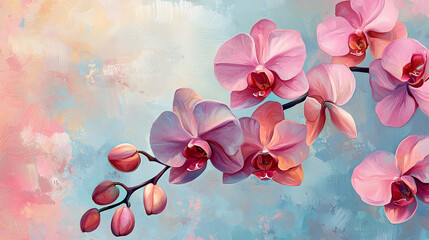 A painting of a pink flower with a blue background
