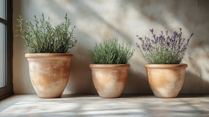 Stylish terracotta pots arranged against a neutral background, great for natural and minimalist decor projects.
