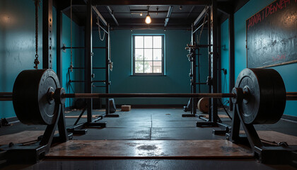 Obraz premium Industrial-style gym featuring a barbell and weightlifting equipment in a spacious training area
