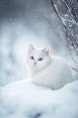 Fototapeta premium A charming white cat sits peacefully in a blanket of snow, surrounded by softly falling snowflakes. This winter wonderland creates a tranquil atmosphere, showcasing the cat's calm demeanor