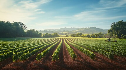 Sunlit vineyard rows stretch across a picturesque landscape at sunrise, with a tractor in the distance.