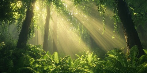 Obraz premium Golden sunlight filtering through dense forest