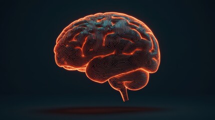 Digital representation of a glowing neural brain with intricate patterns of orange and teal on a dark background.