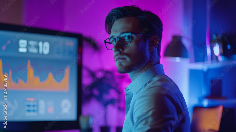 Aufkleber Stock trader analyzing charts on a computer screen in a dimly lit office with neon lights, focused on market trends and investment strategies